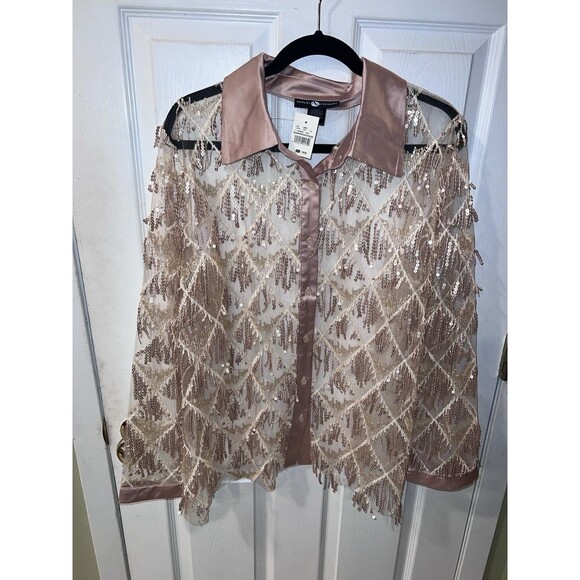 Ashley Stewart Sequin Fringe Blouse Womens Plus 18/20 Button Front Sheer Tan New - Picture 2 of 8